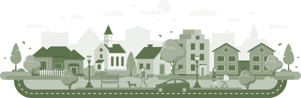 Illustration showing a streetscape with buildings, trees, a car, and people walking